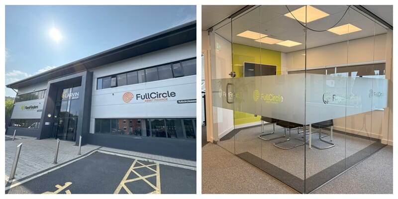 A collage of the exterior Full Circle signage and the Full Circle frosted window and door graphics.